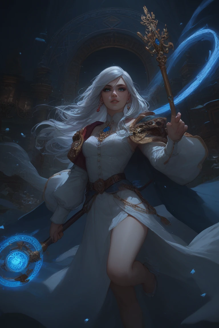 Mystic sorceress in flowing azure , glowing rune staff, silver hair swirling in arcane winds, ancient spellbook floating, magical aura --v 6