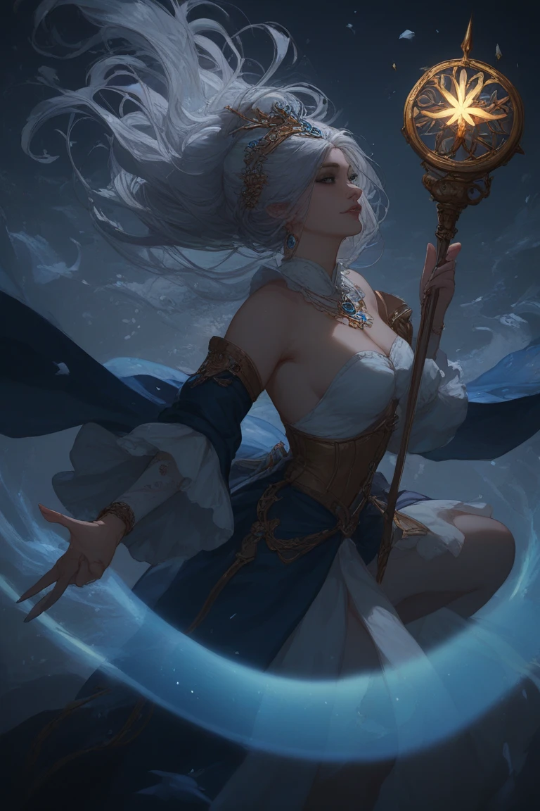 Mystic sorceress in flowing azure , glowing rune staff, silver hair swirling in arcane winds, ancient spellbook floating, magical aura --v 6
