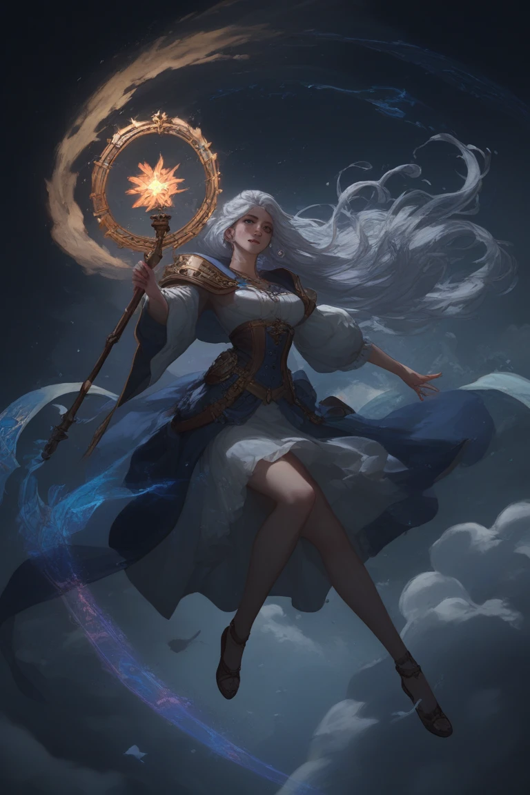 Mystic sorceress in flowing azure , glowing rune staff, silver hair swirling in arcane winds, ancient spellbook floating, magical aura --v 6