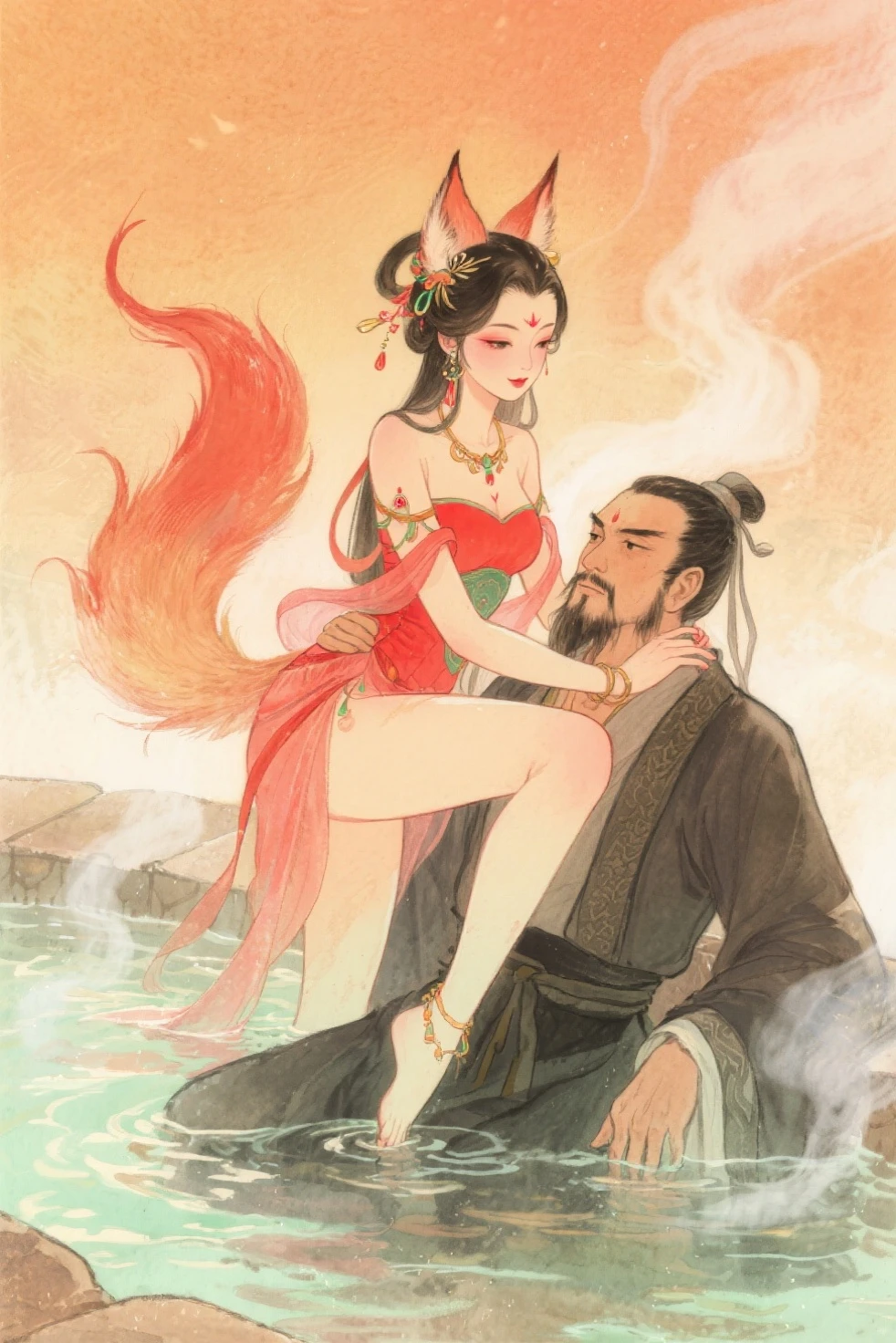 Jiuji and Jiang Ziya bathe in a hot spring,Daji puts her leg on Jiang Ziya's neck,The expression is soothing,A blush。Jiang Ziya has a cold face,Stern