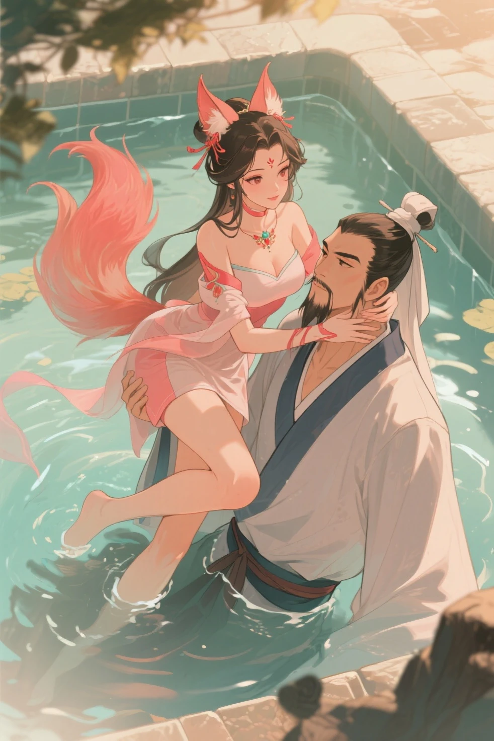 Jiuji and Jiang Ziya bathe in a hot spring,Daji puts her leg on Jiang Ziya's neck,The expression is soothing,A blush。Jiang Ziya has a cold face,Stern