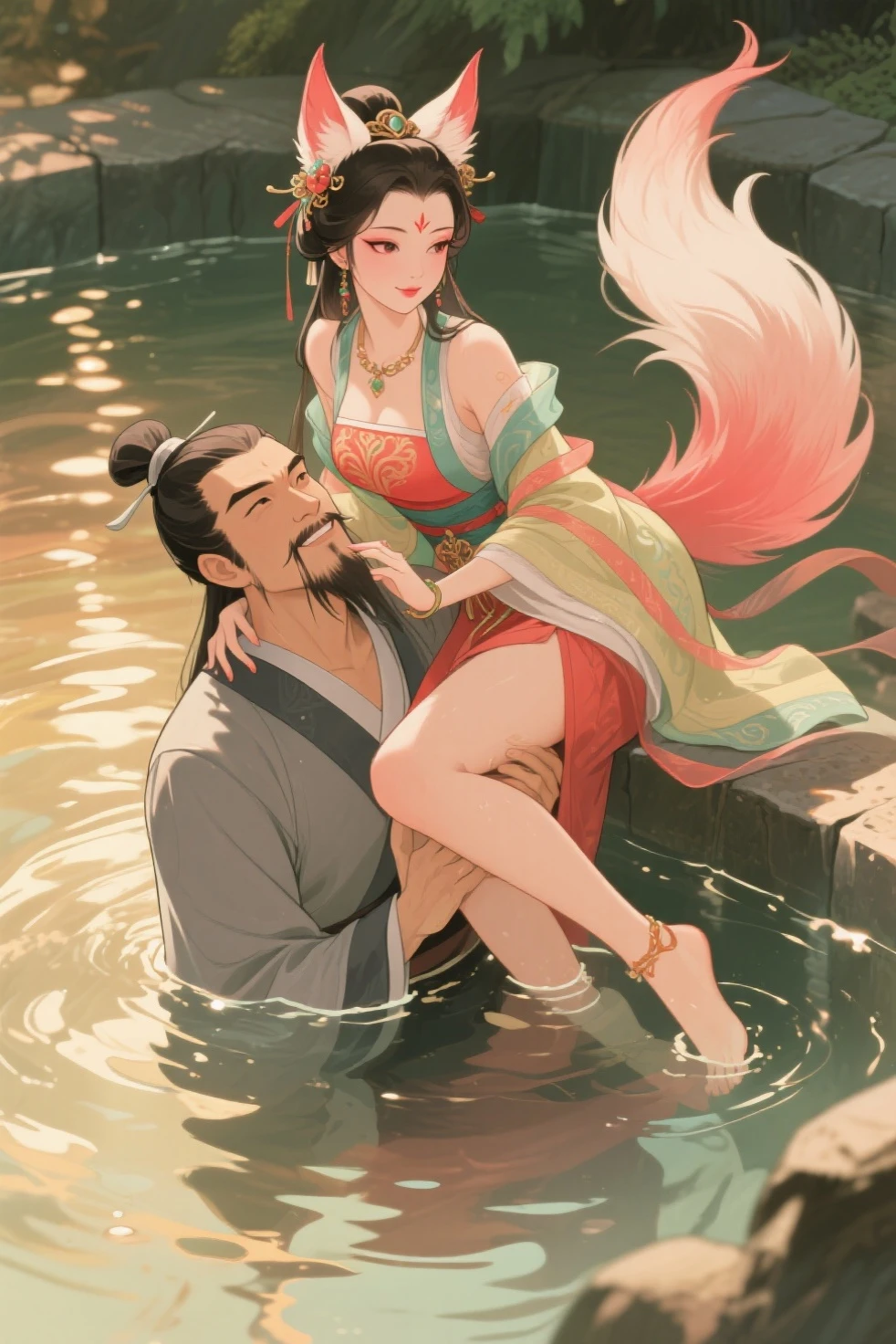 Jiuji and Jiang Ziya bathe in a hot spring,Daji puts her leg on Jiang Ziya's neck,The expression is soothing,A blush。Jiang Ziya has a cold face,Stern