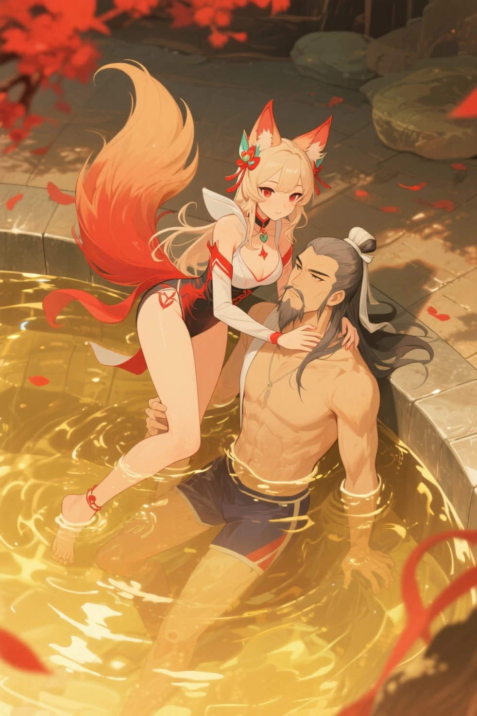Jiuji and Jiang Ziya bathe in a hot spring,Daji puts her leg on Jiang Ziya's neck,The expression is soothing,A blush。Jiang Ziya has a cold face,Stern