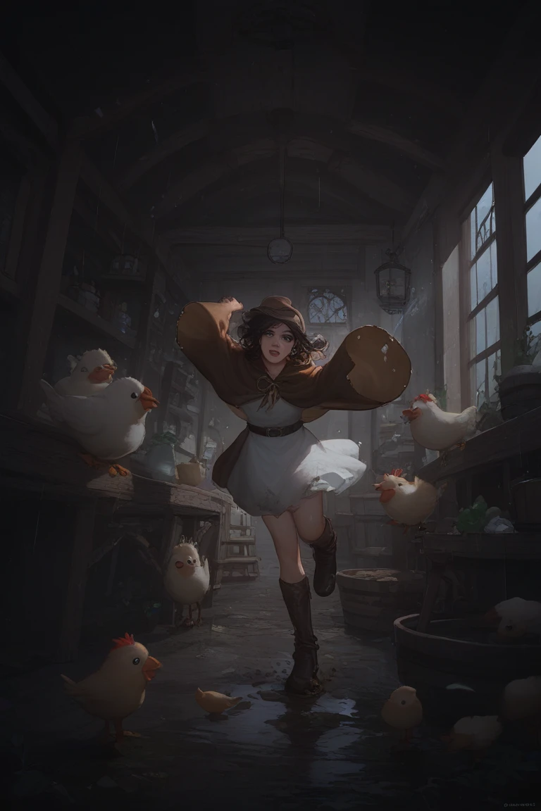 Clumsy bard with broken lute, patched cloak covered in mud, one black eye, tripping over his own boots in rainy tavern square, chickens tering --v 6