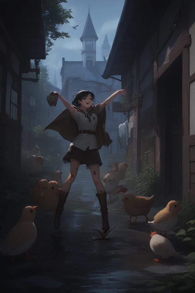 Clumsy bard with broken lute, patched cloak covered in mud, one black eye, tripping over his own boots in rainy tavern square, chickens tering --v 6