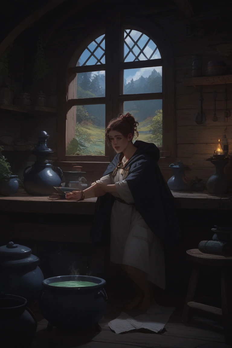 Clumsy bard with broken lute, patched cloak covered in mud, one black eye, tripping over his own boots in rainy tavern square, chickens tering --v 6