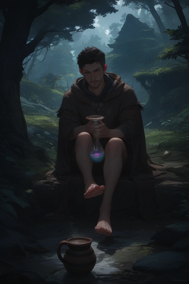 Mountain witch in tattered cloak, brewing potion in foggy forest hut