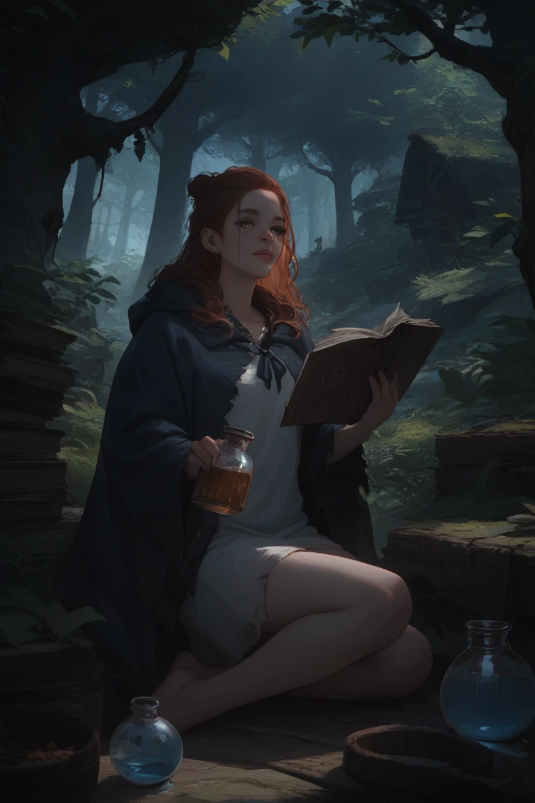 Mountain witch in tattered cloak, brewing potion in foggy forest hut