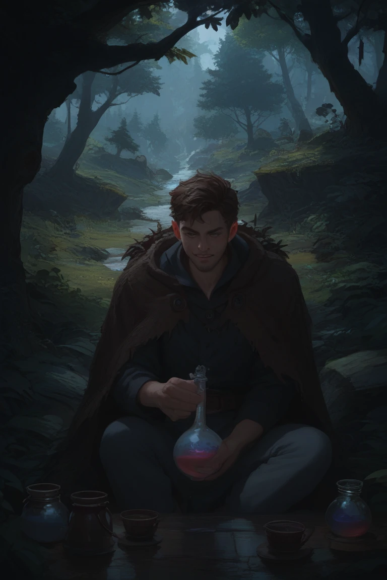 Mountain witch in tattered cloak, brewing potion in foggy forest hut