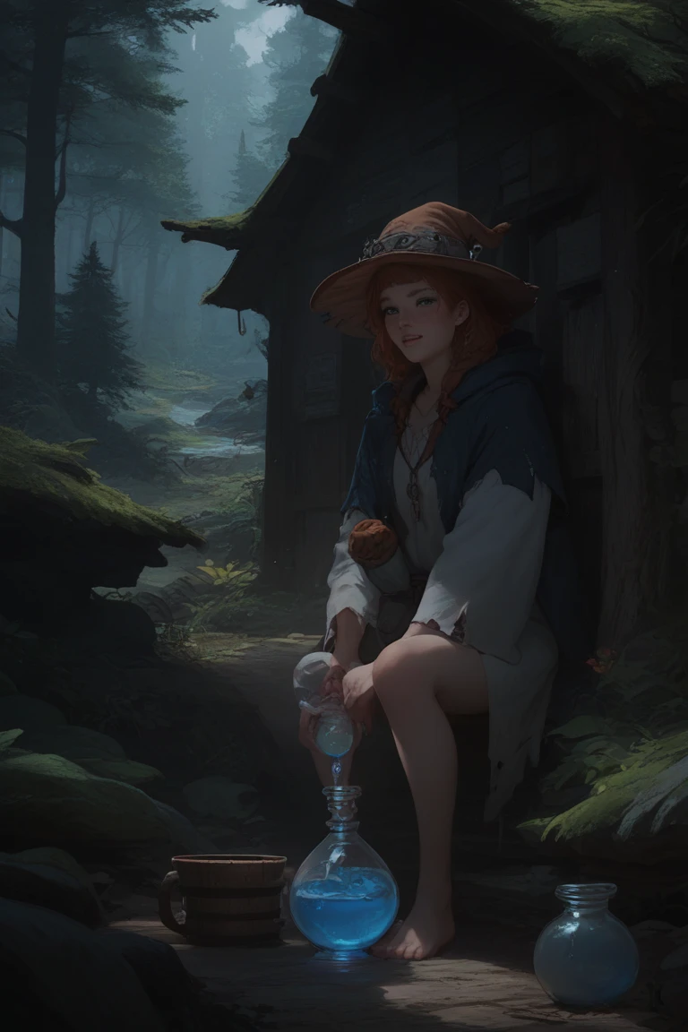 Mountain witch in tattered cloak, brewing potion in foggy forest hut