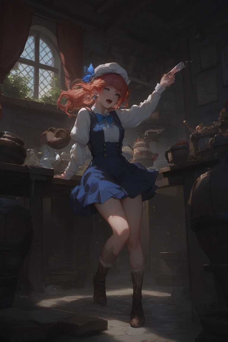 Clumsy bard tripping over lute in muddy tavern yard