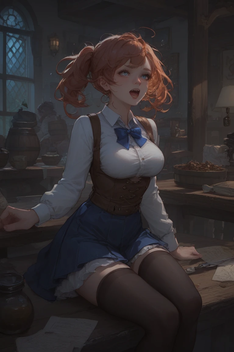 Clumsy bard tripping over lute in muddy tavern yard