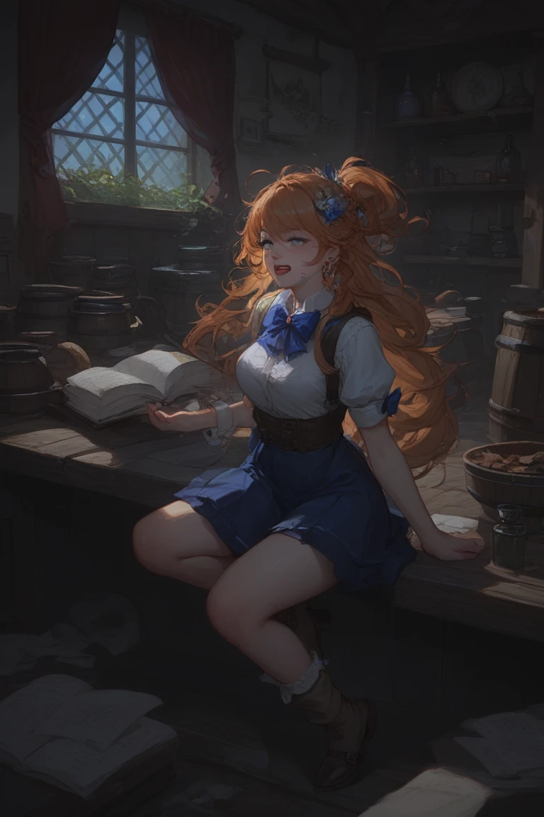Clumsy bard tripping over lute in muddy tavern yard