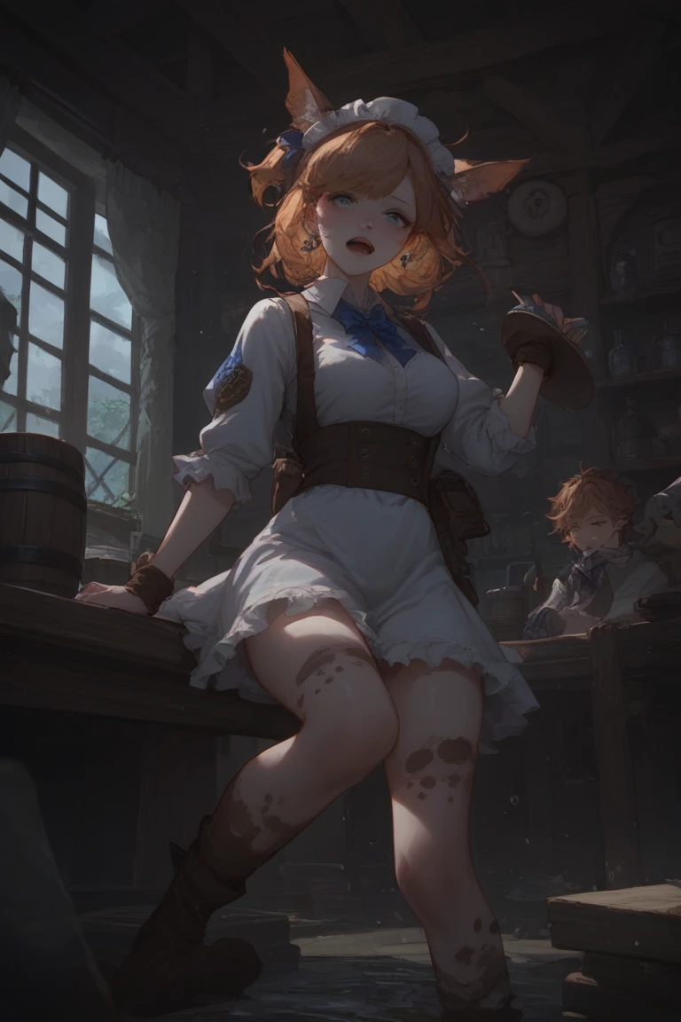 Clumsy bard tripping over lute in muddy tavern yard