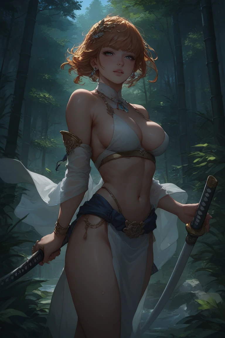 Female swordsman training with katana in bamboo forest