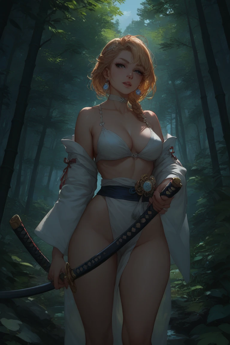 Female swordsman training with katana in bamboo forest