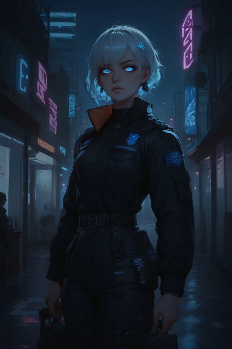 Cold-faced enforcer in black uniform, icy stare under city neon lights