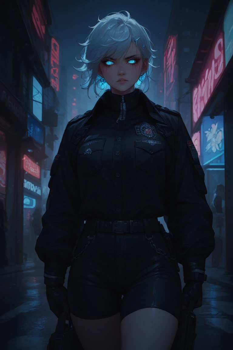 Cold-faced enforcer in black uniform, icy stare under city neon lights