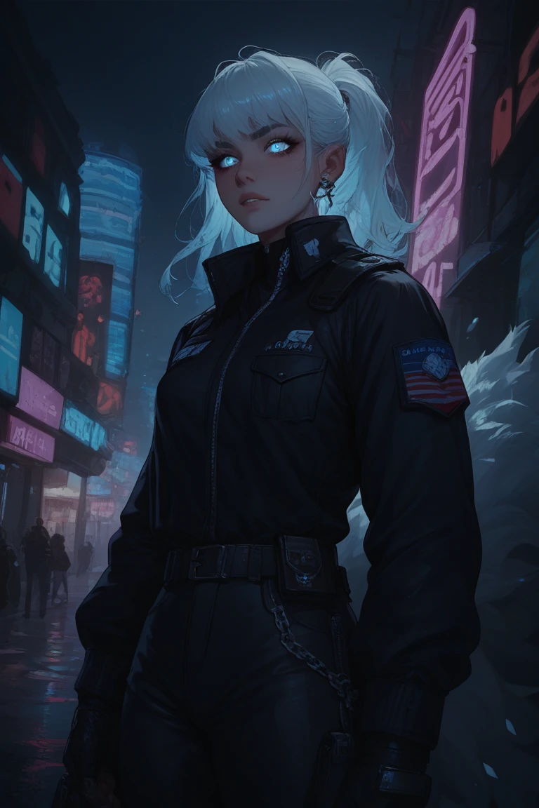 Cold-faced enforcer in black uniform, icy stare under city neon lights