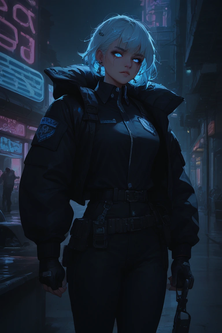 Cold-faced enforcer in black uniform, icy stare under city neon lights