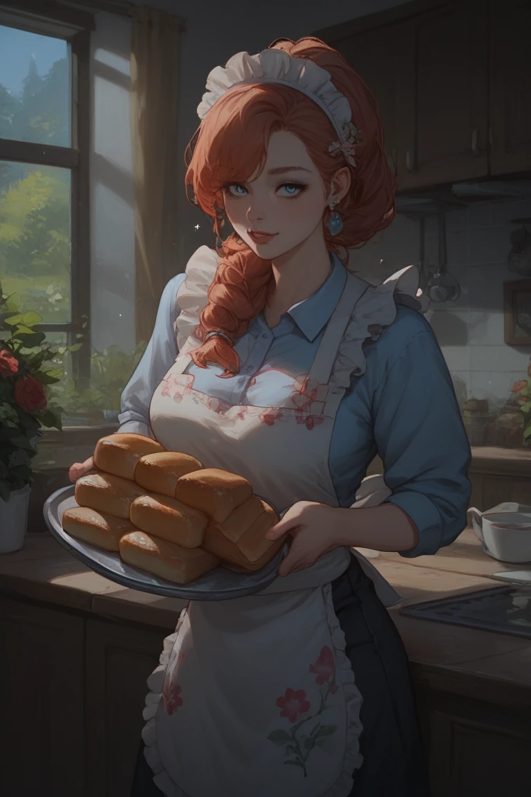 Rosy-cheeked village girl in floral apron, holding fresh bread