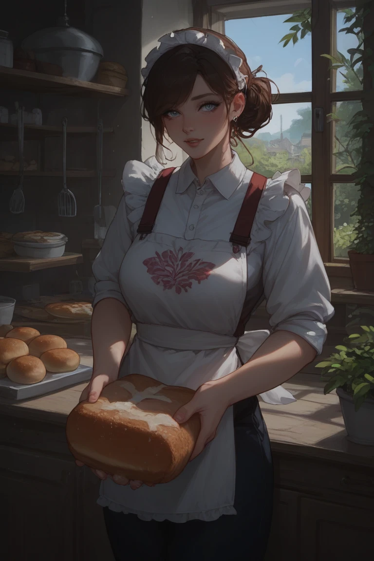Rosy-cheeked village girl in floral apron, holding fresh bread