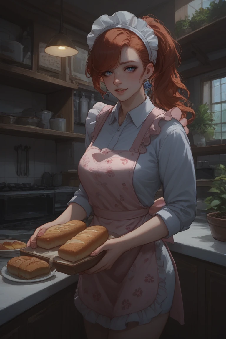 Rosy-cheeked village girl in floral apron, holding fresh bread