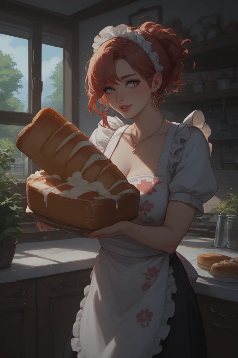 Rosy-cheeked village girl in floral apron, holding fresh bread