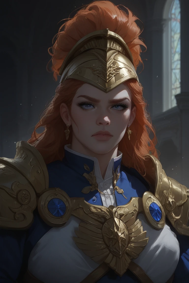 Royal guard in gilded armor, stern gaze at palace gates