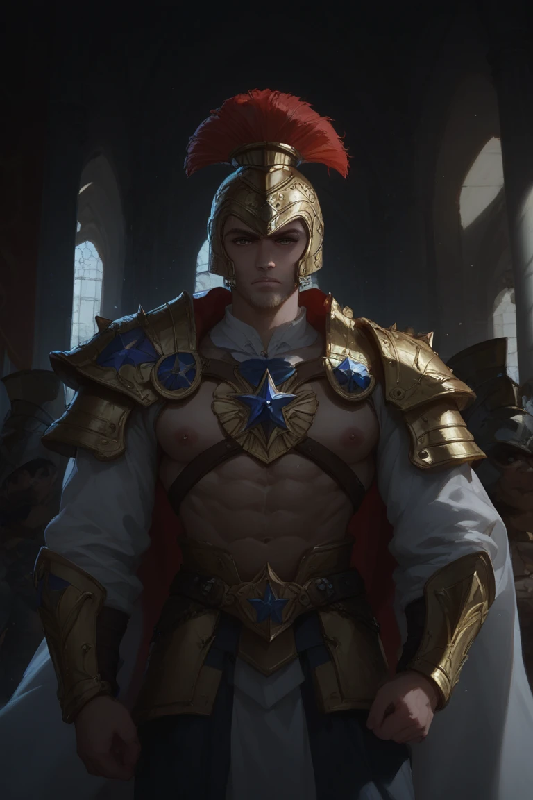 Royal guard in gilded armor, stern gaze at palace gates