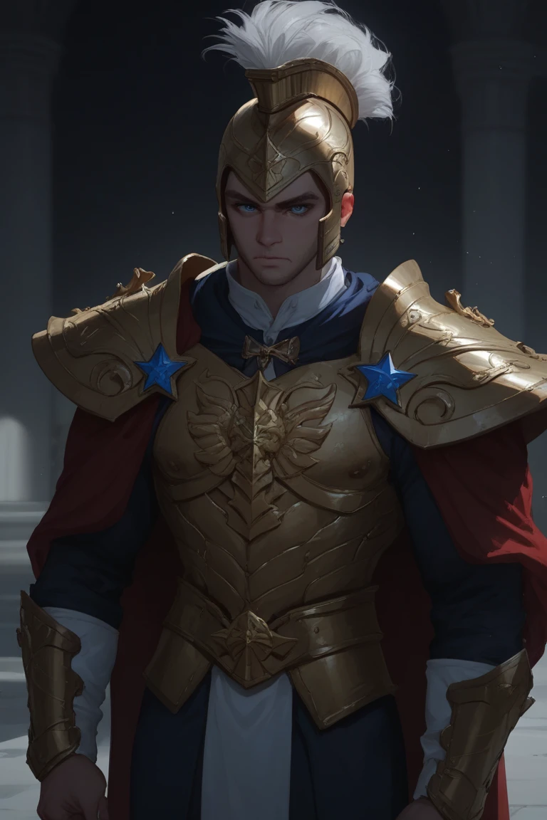 Royal guard in gilded armor, stern gaze at palace gates
