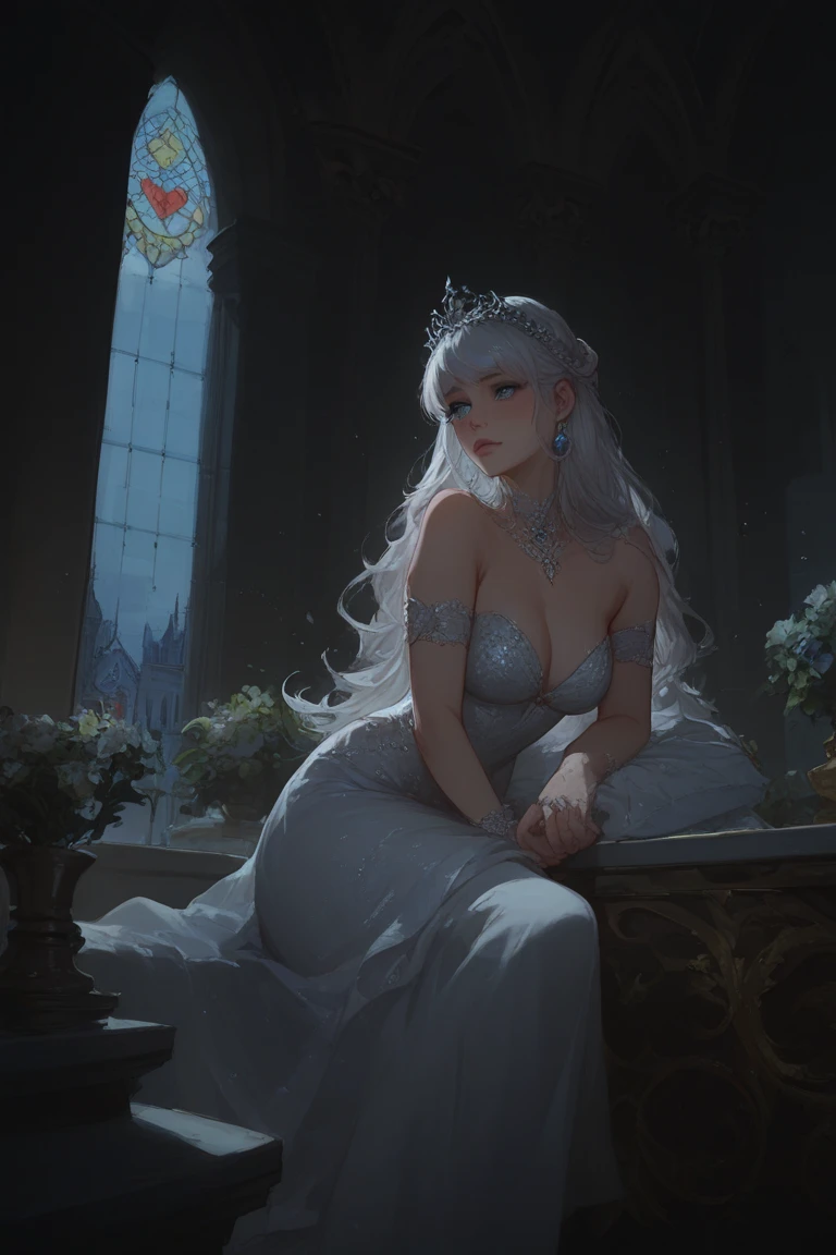 Knight's lover in velvet gown, waiting at castle balcony