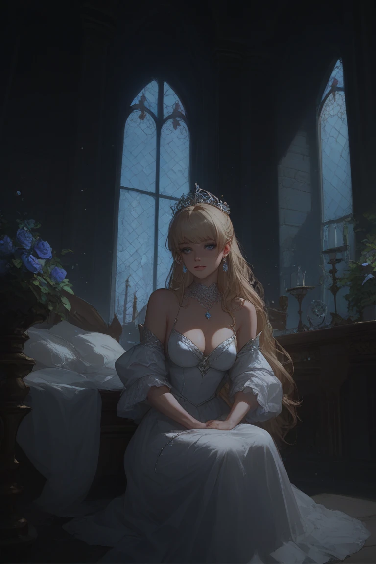 Knight's lover in velvet gown, waiting at castle balcony