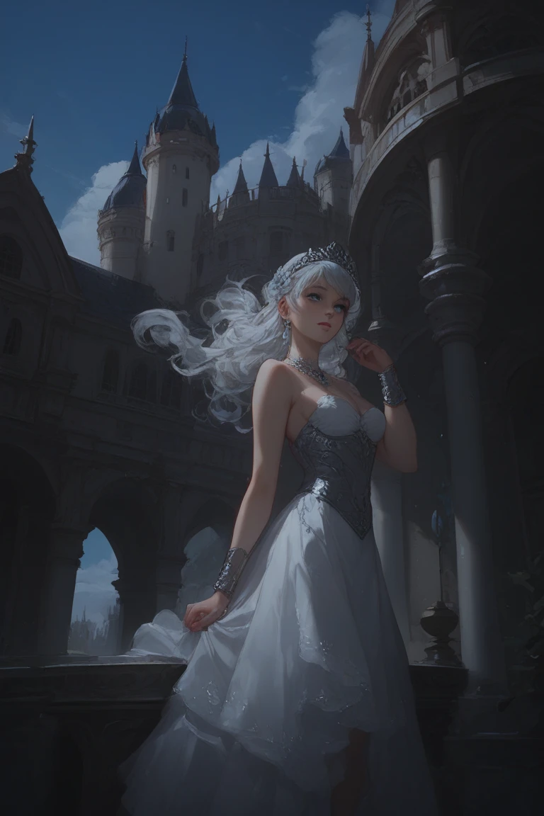 Knight's lover in velvet gown, waiting at castle balcony