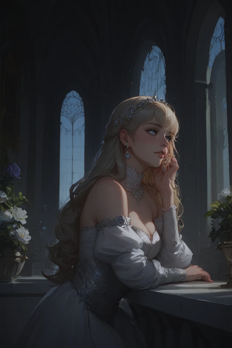 Knight's lover in velvet gown, waiting at castle balcony