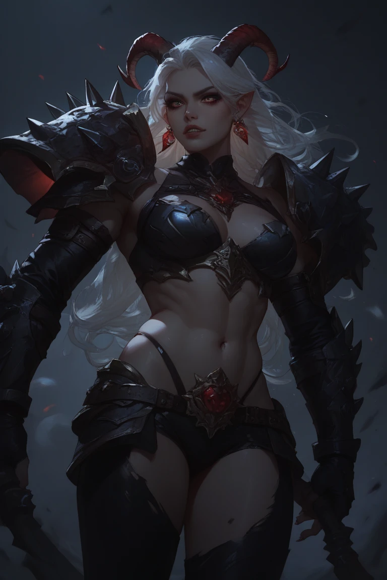 Demon vanguard in spiked obsidian armor, leading undead horde