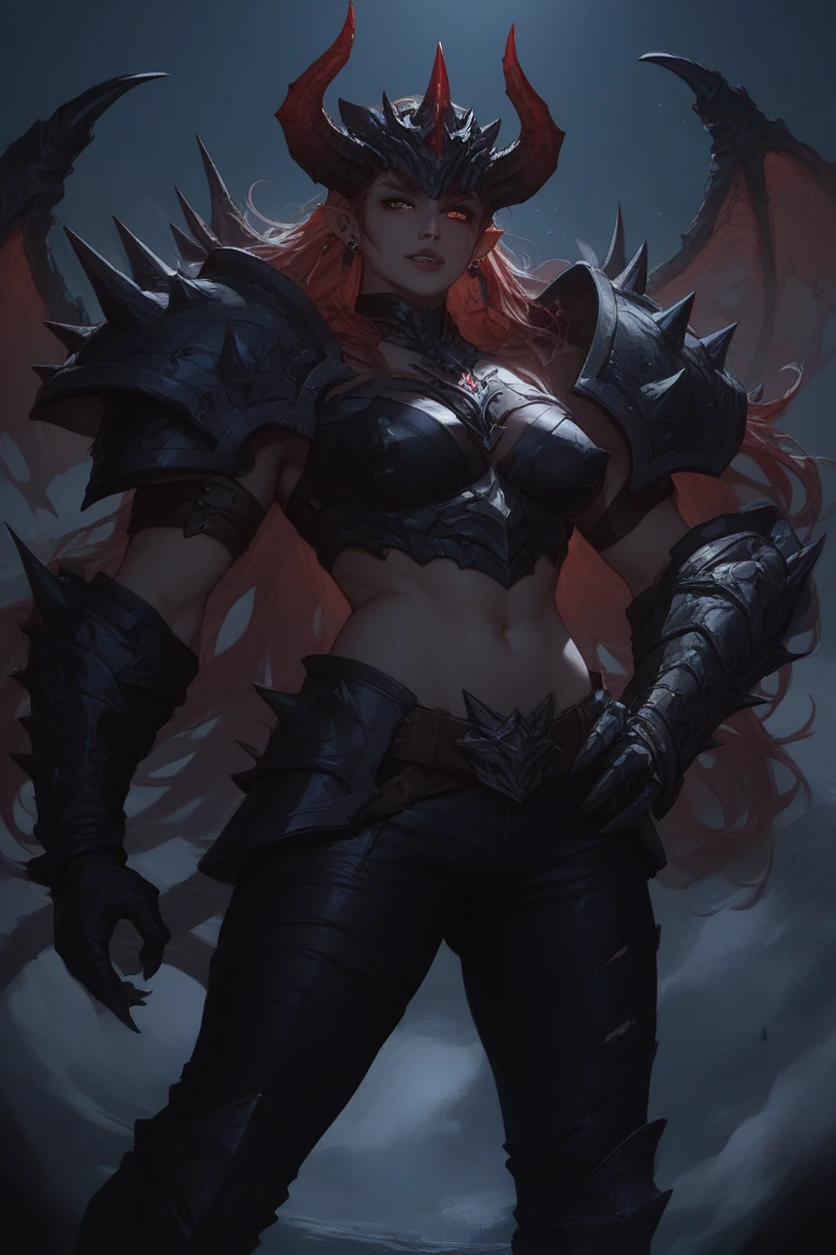 Demon vanguard in spiked obsidian armor, leading undead horde 