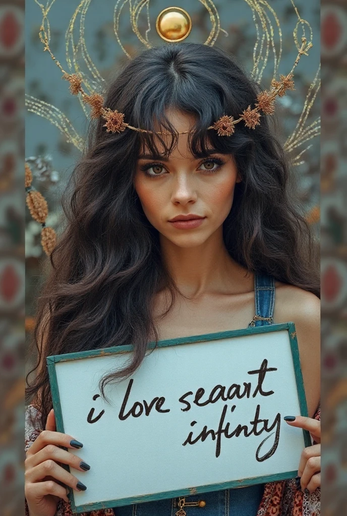 Beautiful girl with wavy long hair,Dressed in a bohemian style,Holding a whiteboard with the words "I Love SeaArt Infinity",and show the audience