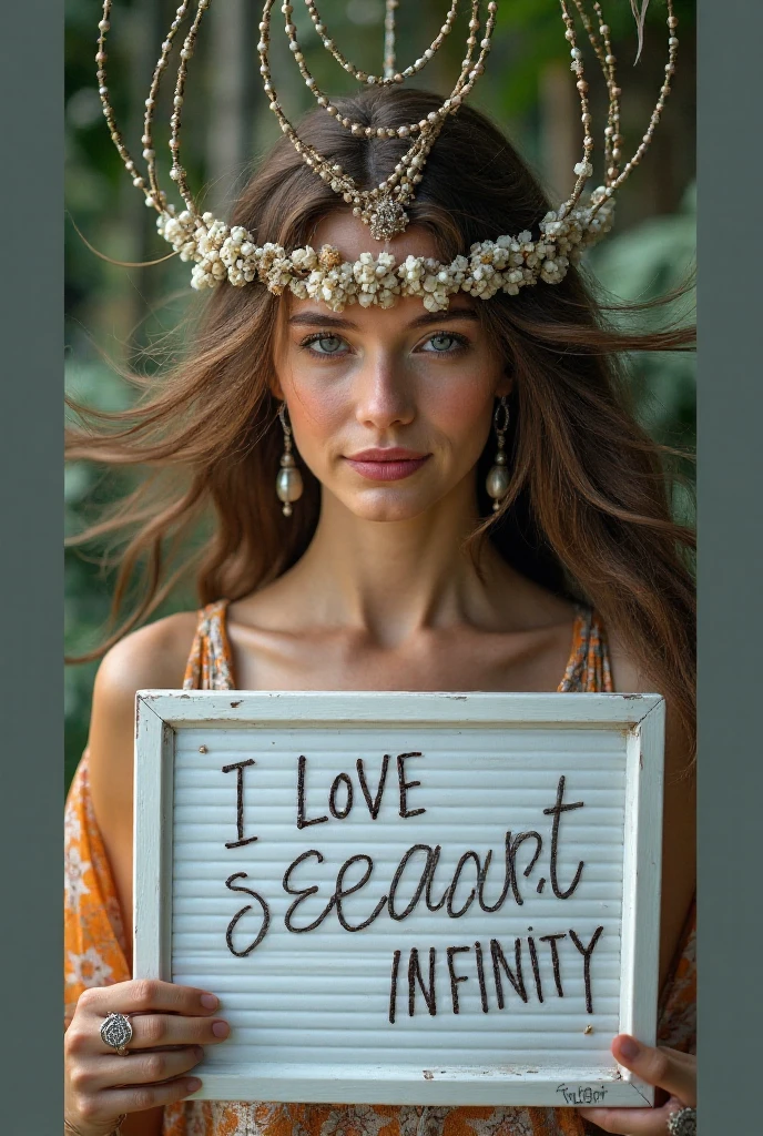 Beautiful girl with wavy long hair,Dressed in a bohemian style,Holding a whiteboard with the words "I Love SeaArt Infinity",and show the audience
