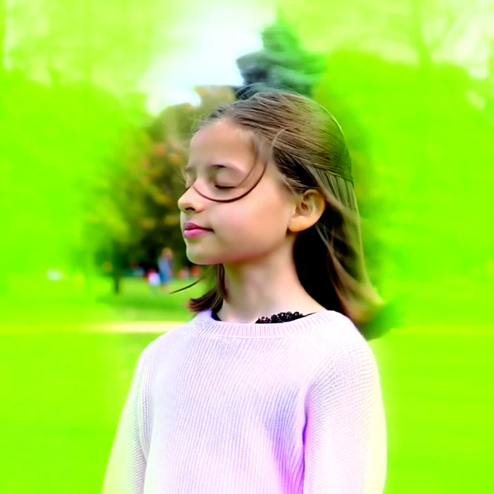 1girl standing still in a quiet park, slight breeze moving her hair. She blinks gently and looks around calmly. Soft lighting, natural colors, peaceful atmosphere.