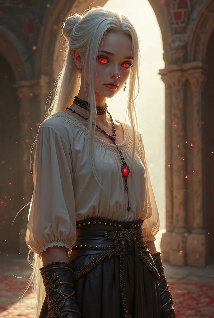 a beautiful girl, calm, vampire, bright red eyes, white long hair, pale skin, hairstyle bun at the back, white ancient shirt, black ancient pants with armor, flat body shapes, furnishings of an old castle, sun rays, dark atmosphere, An amulet around his neck, photorealism