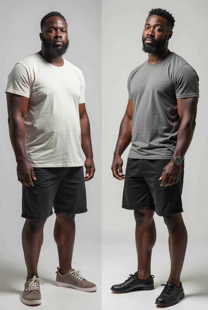 A before and after picture of a 25 years old brown skinned man standing in-front of white wall, who increased his height by 15 centimeters, having a tattoo in his neck, make it realistic