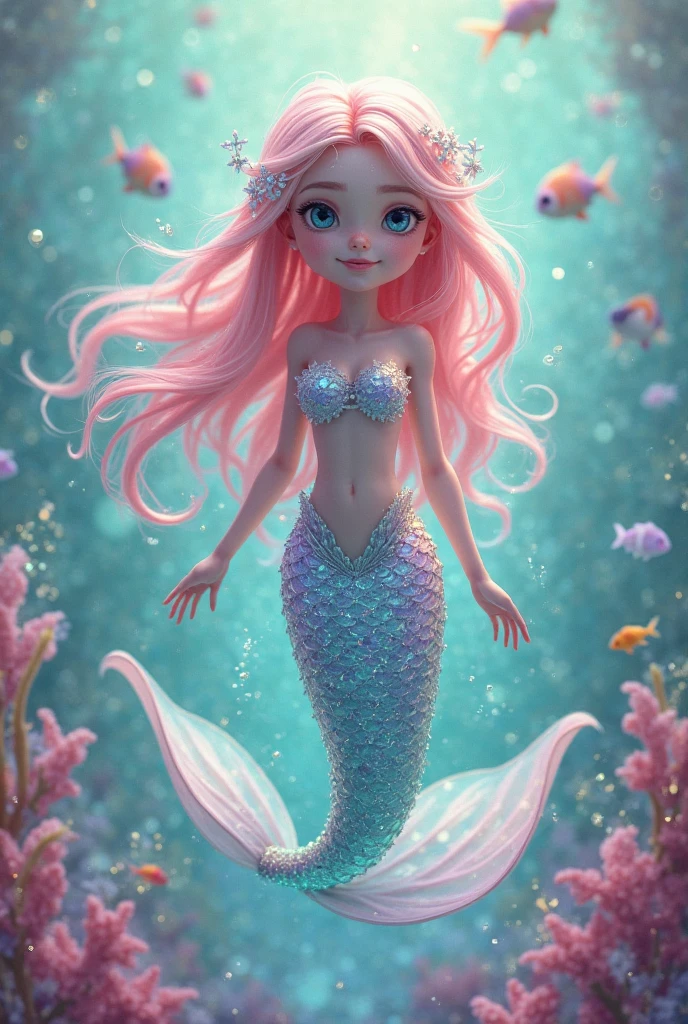 Detailed plastic material, masterpiece, best quality, (very detailed model), (best quality), octane rendering, ray tracing, very detailed, 3d toy, (fish tail) exaggerated huge hair, mermaid, fish tail, smile, little girl, perfect face, (full body) (3D hair, cute hair accessories, ((Tyndall light)), beautiful eyes, cute big eyes, cute face, pink green gradient, chib, fluorescent translucent, colorful, plastic, transparent, product design, glowing jelly, Delicate and cute plastic, beautiful light and shadow 3d, digital art, translucent plastic bubblegum, close-up, 3d, super detailed, c4d, octane rendering, blender, hd, full body, underwater background! (Extremely detailed details) (masterpiece) (stand up straight) smile, tight glowing clothes, underwater background, underwater blisters, glowing fish, elegant face, beautiful face, delicate hands, delicate and delicate hands, elegant face, graceful face, finely carved face, pupils clearly visible, white eyeballs, dark eyes, pink hair translucent, delicate fine arms, perfect eyes, delicate eyes, extremely detailed eyes