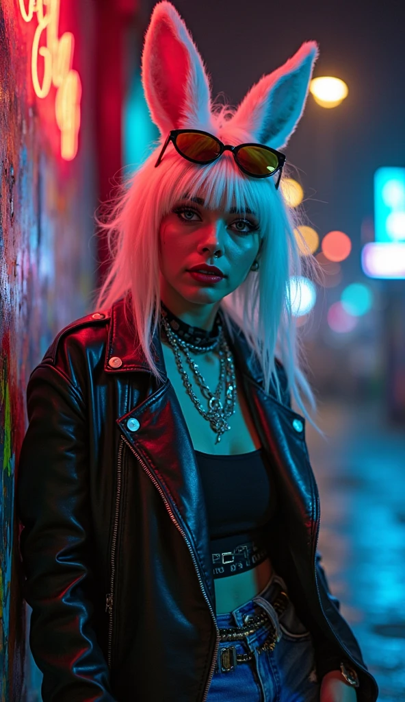 russian milf woman, grey hair (middle part) and wide colourful bandana as headband, with very light blue eyes, extremely pale. Wearing studded cropped black moto jacket with lots of zippers and pins, black push up bra with white seams , dark skinny blue jeans and pointy silver Chelsea boots with cuban heels  . Studded Choker. Lots of metallic bracelets and collars. Tacky wide studded leather belt with oversized skull and bones buckle. Long bohemian earrings. Kneeling like in a payer, looking at the camera, humble facial expression. Hands on her knees, showing off bracelets and rings. studded black leather tote bag with chains on the floor, next to her..  Listening in amazement to somebody speaking to her, toned six pack abdominals, thin neck, slim legs and thin arms. Tattoed heavily.  Dirt alley with waste and piles of garbage bags on the floot, at night
