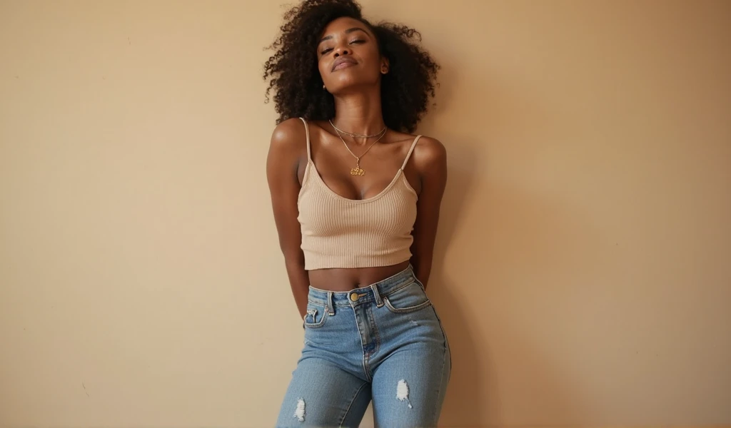 beautiful black woman wearing tight denim shorts and gray tank top with wide cleavage