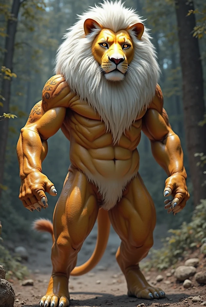 leomon, white eyes,yellow body, (pose:1.3), (posing:1.3), (soft shading), 4k, hi res, five fingers, detailed hands, ((detailed face, (detailed eyes:1.3), detailed)), (full body focus),(by takahirosi:1.5), solo, looking at viewer, 1boy,white background, standing,nudiest, male focus, abs, bicepsm,legs,feet, flexing, smile,