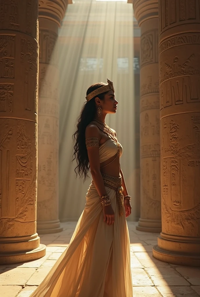 A beautiful Egyptian woman is bathing in milk within an ancient thermal bath. The walls of the bath are adorned with intricate hieroglyphs, telling stories of ancient Egypt. Soft light streams through an overhead opening, casting a warm, golden glow over the scene. The woman is adorned with traditional Egyptian jewelry, exuding grace and tranquility.