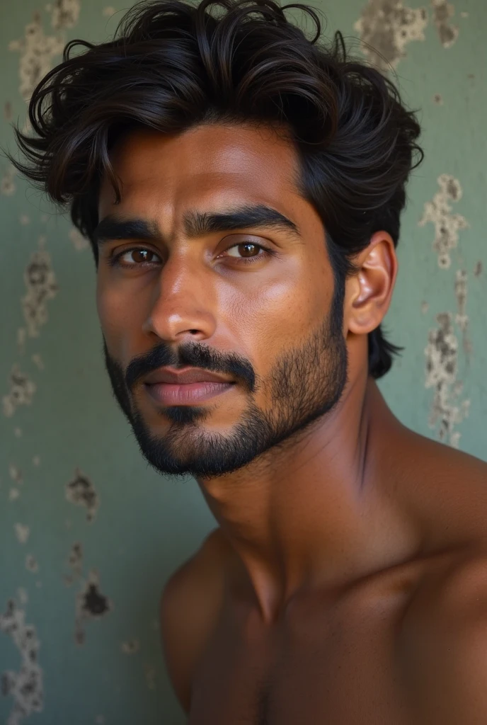 A cute 20 years old indian man , rough dry face skin , full body view, black short beard, short hair
