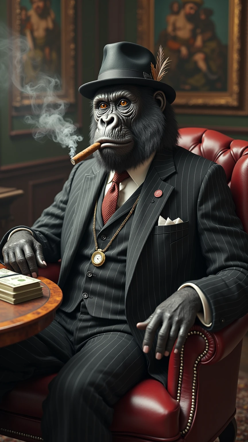 Mafia chimpanzee, cigar smoking,vibrande colors,8k ultra realistic