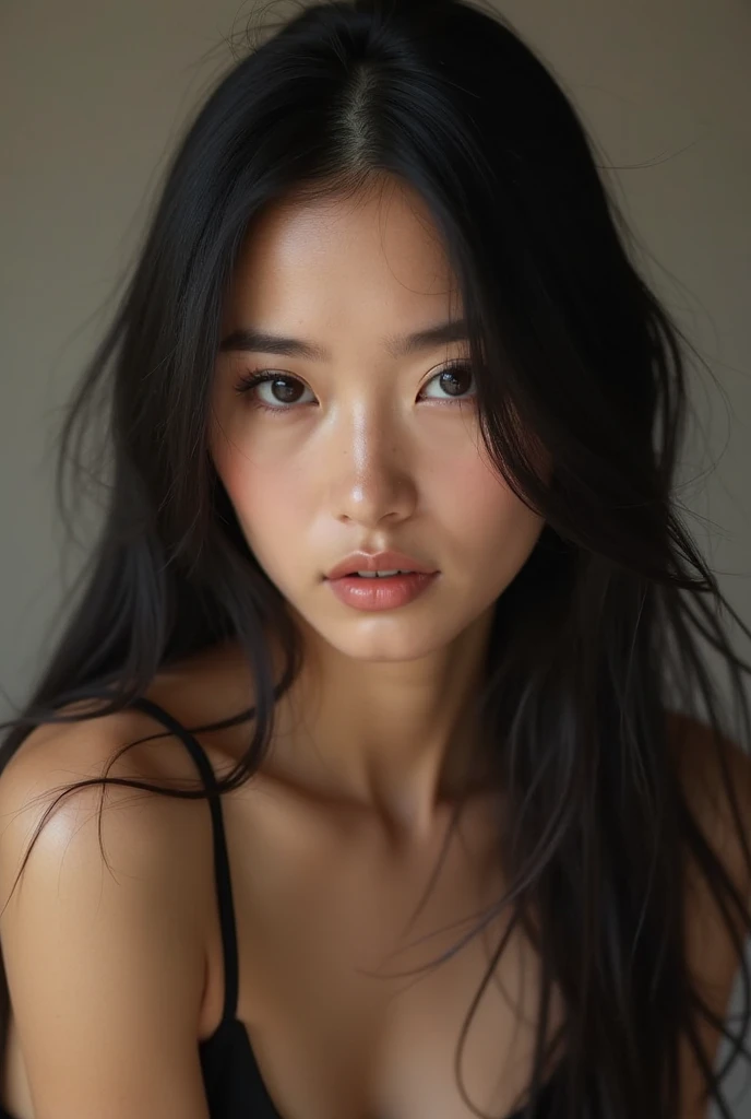 Generates a front-facing photograph of a woman from the waist up, that your body is visible from the waist up, dressed casually, clear skin, straight hair, large eyes, thick lips, Hyper realistic style